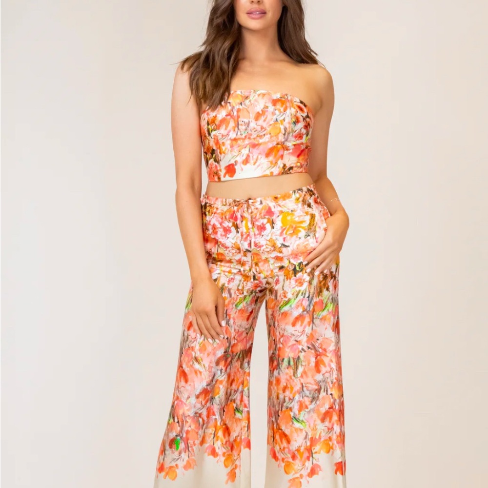 Hemline Floral Strapless Top and Wide-Leg Pants Set